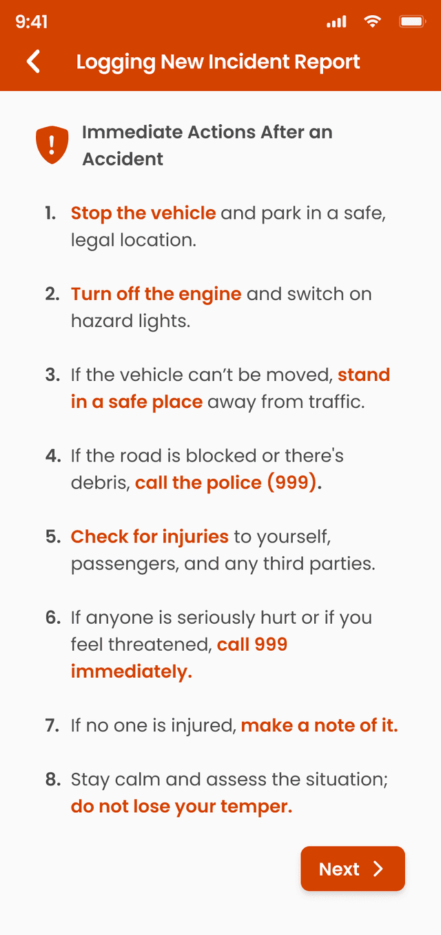 Incident Report App - immediate actions checklist